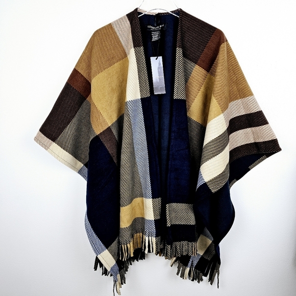London Fog Colorblock Fringe Fleece Poncho NWT - Picture 1 of 11
